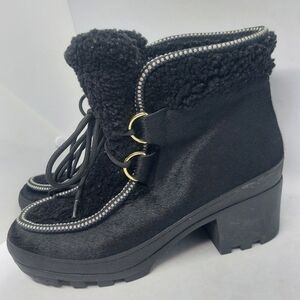 Tory Burch Berkley Bootie Shearling Trim Calf Hair Black Shoes Womens Size 9M